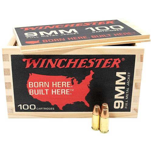 Winchester USA 9mm Ammo 115 Grain FMJ in Wooden Box, 100 Rounds?>