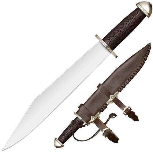 Cold Steel Chieftan's Sax (Seax) Fixed Blade Knife 19" 1055 Carbon Steel, Carved Sal Wood Handle, Leather Scabbard?>