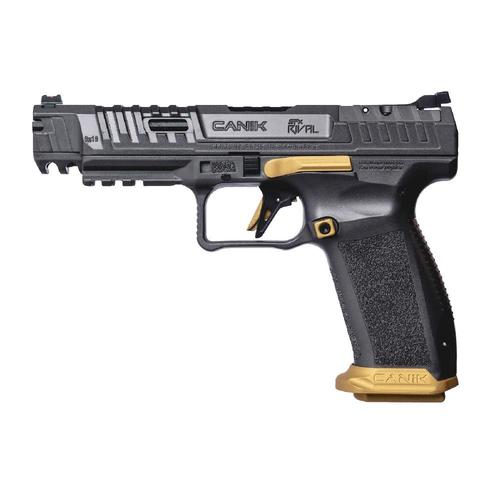 Canik SFx Rival 9mm Luger Pistol, 5" Barrel, 2x 10rd Mags, Grey/Gold Cerakote?>