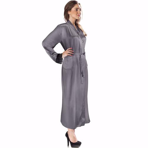 BARSKA Aus Vio Gray Silk Robe with Black Lace M/L BM12574 Model Number: BM12574?>