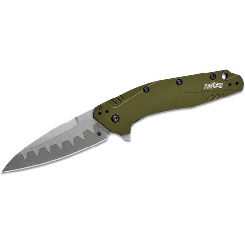 Kershaw Dividend Composite Folding Knife 3" N690 and D2 Composite Bead Blasted Plain Blade Olive Aluminum Handle 1812OLCB?>