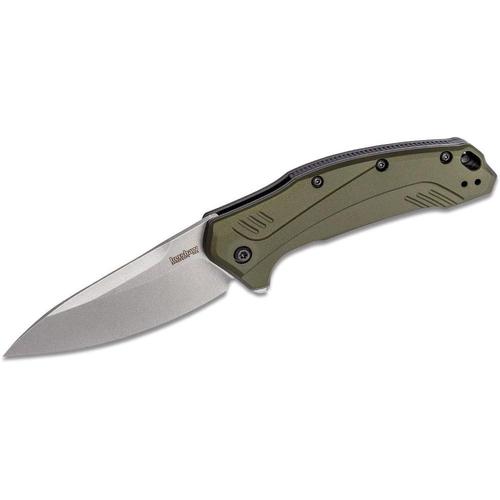 Kershaw Link Drop Point Knife Olive Aluminum 3.25" Blade Stonewash 20CV 1776OLSW?>
