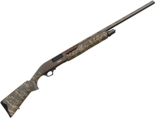 Canuck Hunter Pump Action Shotgun - 12ga, 3", 28", Chrome Lined, Midnight Bronze 2 Tone Finish, Fiber-Optic Front Sight, Mossy Oak Bottomlands Camo, 4rds, Mobil Chokes (F,IM,M,IC,C)?>