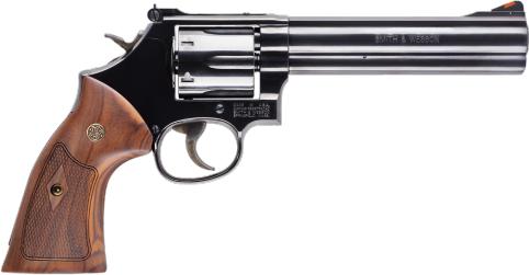 Smith & Wesson (S&W) Classic Model 586-8 DA/SA Revolver - 357 Mag, 6", Blue, Carbon Steel, Medium Frame (L), Wood Grip, 6rds, Red Ramp Front & Adjustable White Outline Rear Sights?>