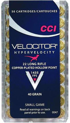 CCI Small Game Rimfire Ammo - Velocitor 22 LR, 40Gr, Copper-Plated HP, 50rds Box, 1435fps?>