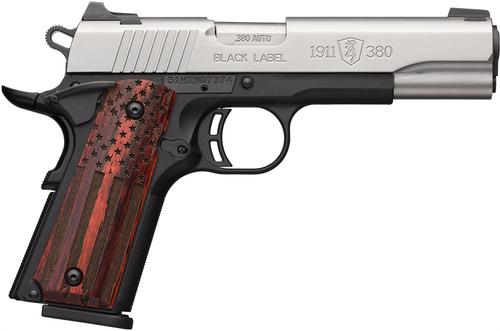 Browning 1911-380 Black Label Pro SS Single Action Semi-Auto Pistol - 380 ACP, 4-1/4", Satin Stainless Finish, Matte Black Composite Frame, American Flag Rosewood Grips, 2x8rds, Combat White Dot Sights, Extended Ambi Safety?>
