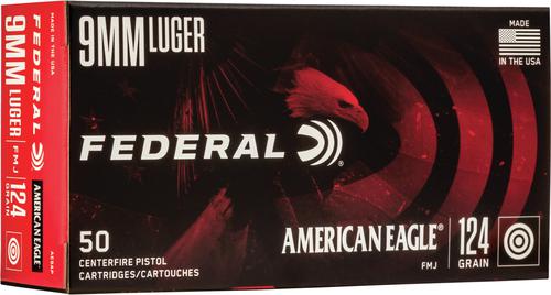 Federal American Eagle Handgun Ammo - 9mm Luger (9x19 Parabellum), 124Gr, Full Metal Jacket, 50rds Box, 1150fps?>