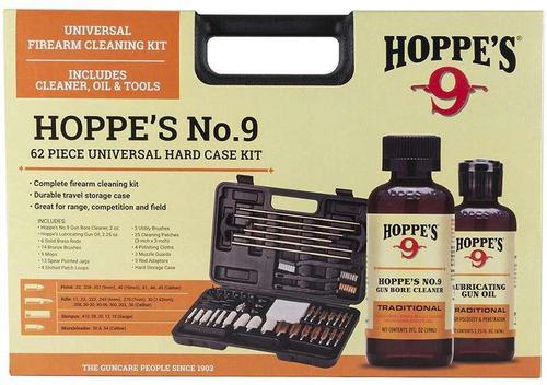 Hoppe's No. 9, 62 Piece Universal Cleaning Kit - All Calibers, 14 Bronze Brushes, 6 Solid Brass Rods, 13 Spear Jags, Muzzle Guard, Patch Loops, No.9 Gun Bore Cleaner 2oz & Gun Oil 2.25oz, 3 Utility Brushes, Hard Case?>