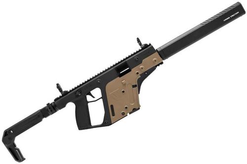 KRISS Vector CRB Semi-Auto Rimfire Rifle - 22 LR, 16", w/Square Enhanced Black Shroud, Two Tone (FDE Lower & Black Upper), Adjustable Folding Stock, Kriss Sloped Foregrip, 10rds, Front Flip up Sight & Rear Sights?>