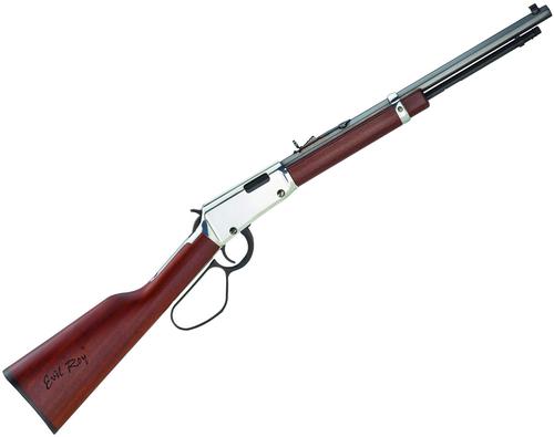 Henry Frontier Carbine "Evil Roy" Rimfire Lever Action Rifle - 22 S/L/LR, 16" Octagon Barrel, Blued, Silver Receiver, Laser Engraved Straight-Grip American Walnut Stock, 15rds, Hooded Front & Adjustable Rear Sights?>