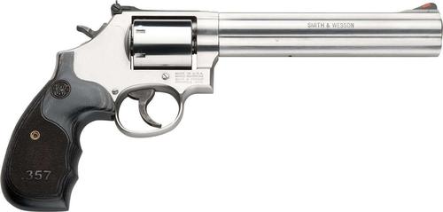 Smith & Wesson (S&W) Model 686-6 - 357 Magnum Series DA/SA Revolver - 357 Mag, 7", Satin Stainless Steel, Unfluted Cylinder, Medium Frame (L), Black/Silver "357" Custom Wood Grip, 7rds, Red Ramp Front & Adjustable White Outline Rear Sights?>