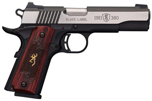 Browning 1911-380 Black Label Medallion Pro Single Action Semi-Auto Pistol - 380 ACP, 4-1/4", Blackened Stainless Finish w/ Silver Brushed Polished Flats, Matte Black Composite Frame, Rosewood Grips, 8rds, Combat Whtie Dot Front & Rear Sights?>