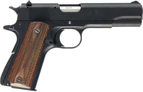 Browning 1911-22 A1 Rimfire Single Action Semi-Auto Pistol - 22 LR, 4-1/4", Matte Blued Aluminium Alloy, Brown Composite Grip Panels, 10rds, Black A1 Front & Rear Sights?>